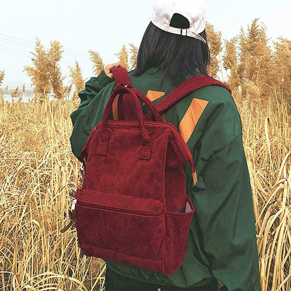 Solid Color Travel Backpacks Corduroy Women Large Top-handle Bags (Red)