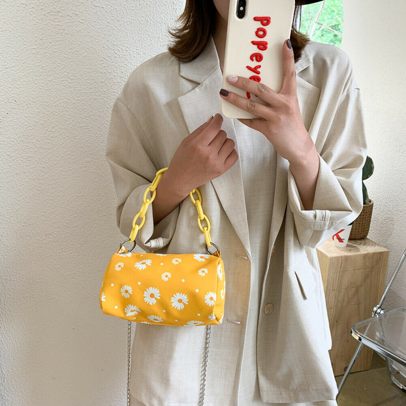 Daisy Flower Handbag Beach Women Canvas Chain Shoulder Bucket Bag (Yellow)
