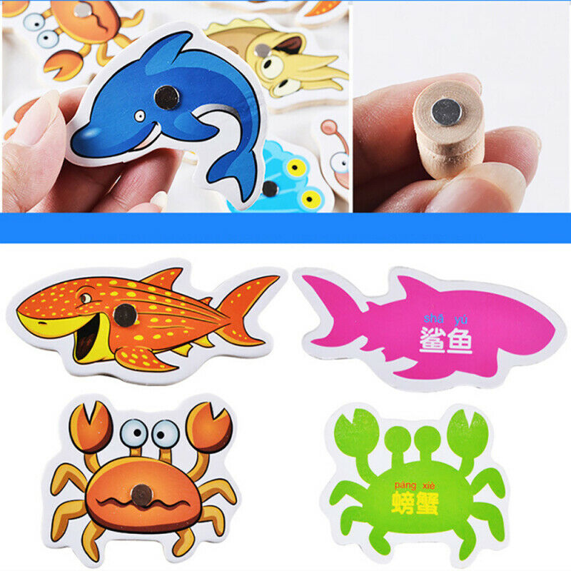 Kids Wooden Double Sided Magnetic Fishing Toys Kit+ 32pcs various sea a MKW