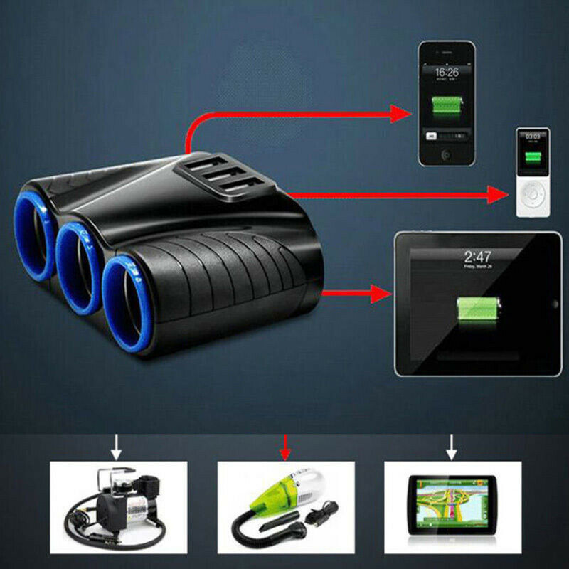 Unique Cigarette Lighter Socket Splitter 12V 3 USB Charger Power Adapter Car OF