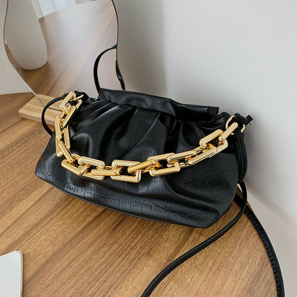 Women Pleated Handbag Stone Pattern PU Chain Shoulder Crossbody Bag (Black)