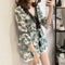 Women Plus Size Floral Print Chiffon Loose V-Neck Sleeve Top (Green) (XL)