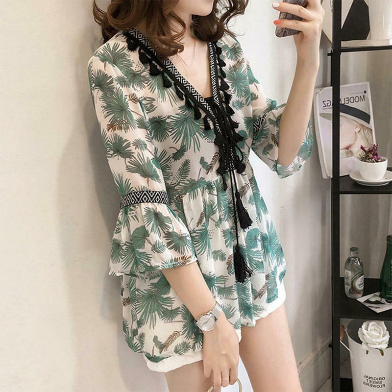 Women Plus Size Floral Print Chiffon Loose V-Neck Sleeve Top (Green) (XL)