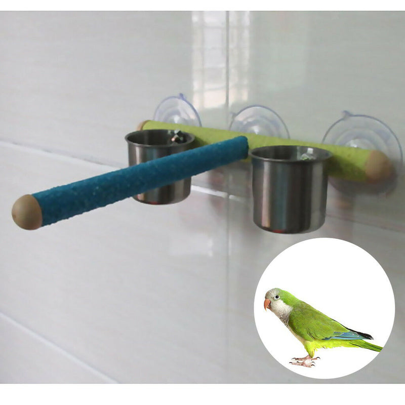 Bird Parrot Stand Perches Platform Rack Wall Suction Cup with 2 Feeding Cup