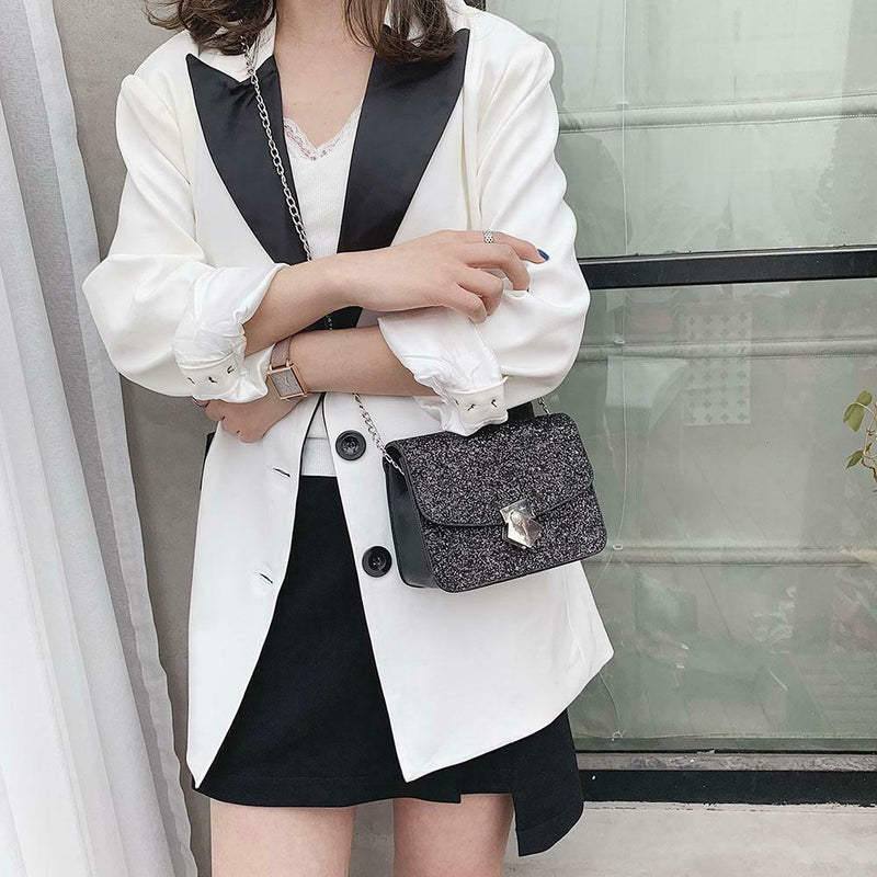 Solid Color Women PU Leather Shoulder Bag Flap Chain Messenger Bag (Black) A