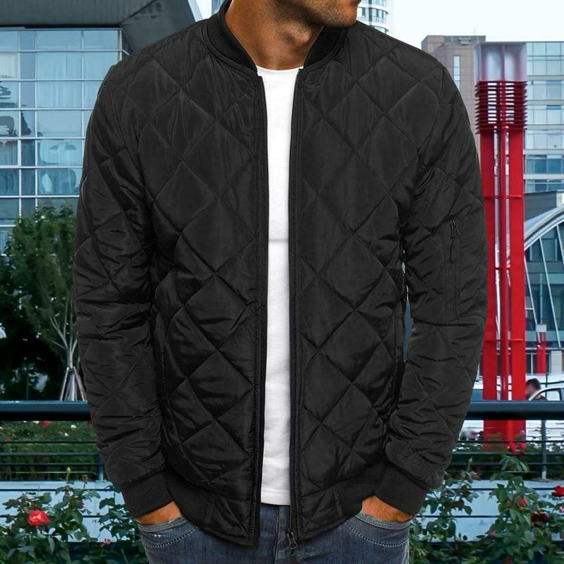 Men Long Sleeve Diamond Stand Collar Winter Padded Jacket (Black L) A