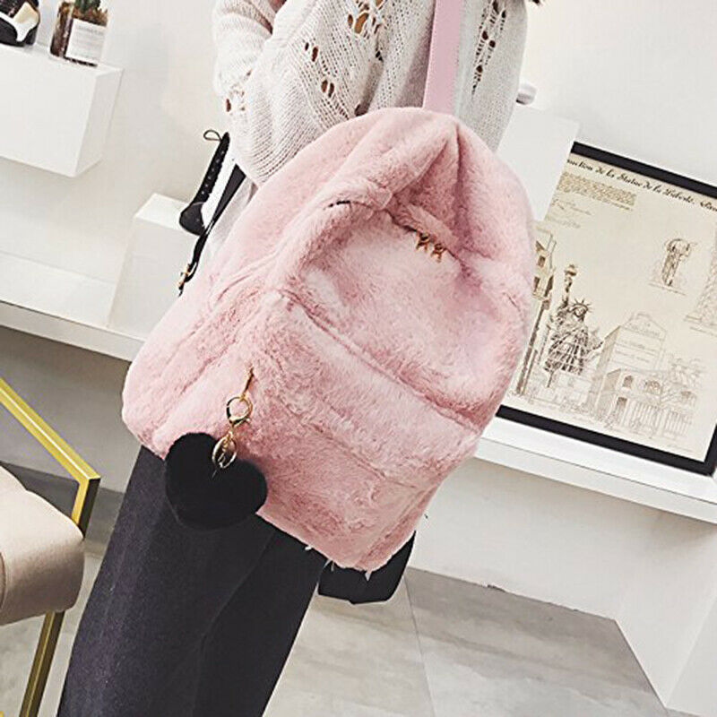 Women Soft Faux Fur Plush Backpack Shoulder Bag Fluffy School Bag with Hear N8C9