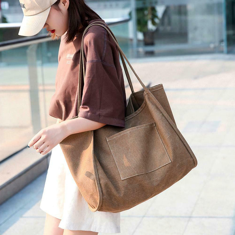 Solid Color Shoulder Handbags Canvas Women Large Top-handle Bags (Coffee)