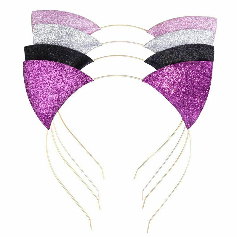 4 Pieces Glitter Cat Ear Headbands Kitty Headbands Cat Ear Hair Hoops for D X4I7