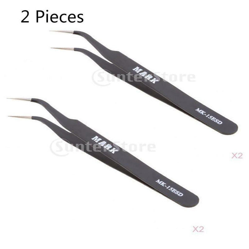 2 Pieces Matte Non-slip X Type Pointed Straight Curved Tweezers Repair Tool