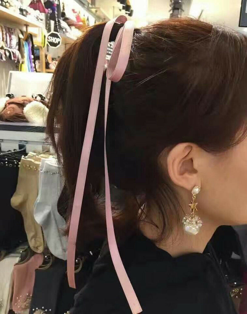 2Pcs Women Girls Hair Bow Silk ribbon Long streamers hair Rope Beach hair rin Gw
