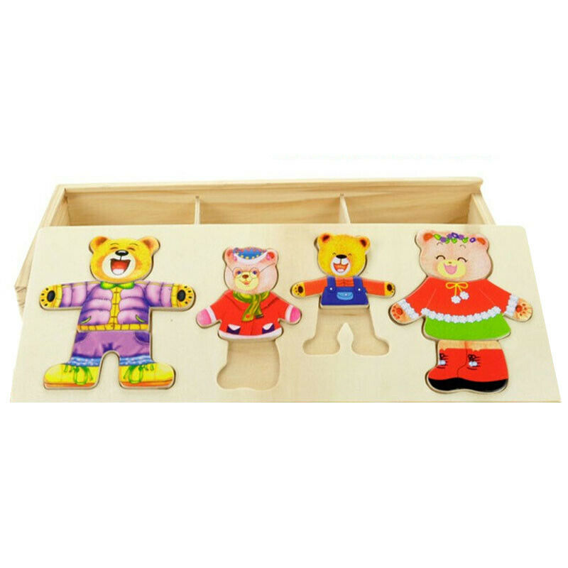 Wooden Baby Child Bear Changing Clothes Male Girl Baby Puzzle Three-Dimensi D7F4
