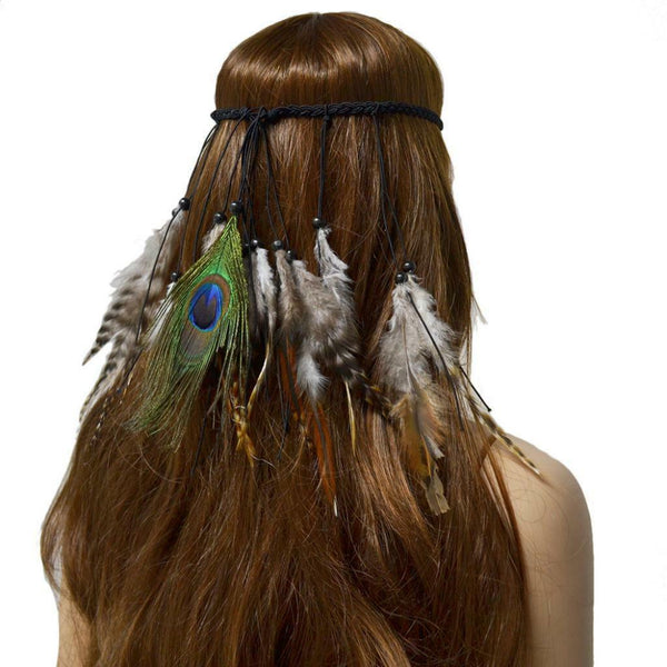 Turban Headband Peacock Hair Rope Feather Headpiece Boho Costume Fancy Dress