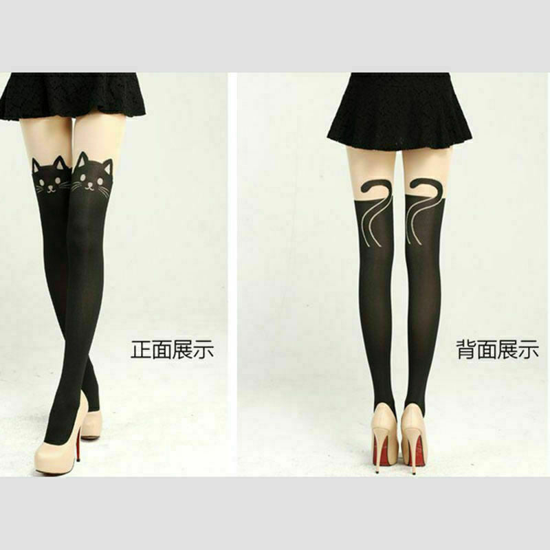 Lady Enticing Cat Tail Tattoo Printed Knee High Stockings Pantyhose Tights O8H6
