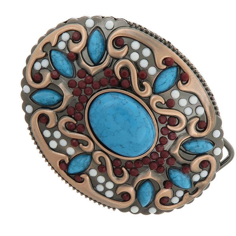 Retro Belt Buckle Western Fashion Turquoise Buckle with Gorgeous Bohe Beads
