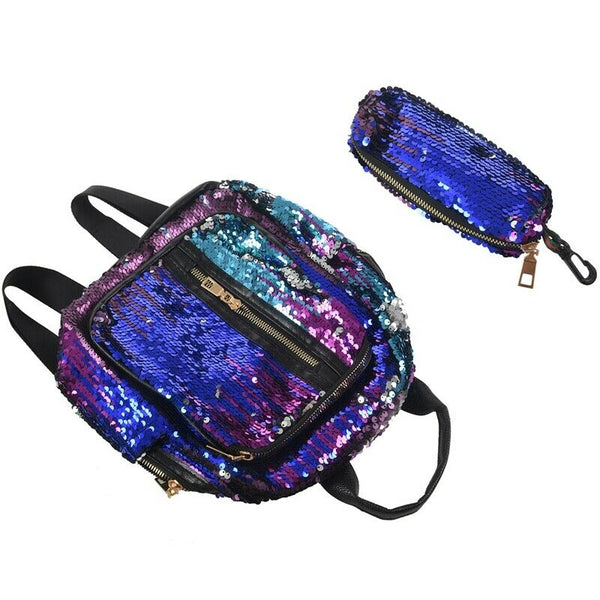 2Pcs/Set New Teenage Bling Glitter Sequins Backpack Girls Rucksack Students H4I3