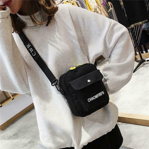 Letter Print Sports Shoulder Handbags Unisex Canvas Crossbody Bags (Black)
