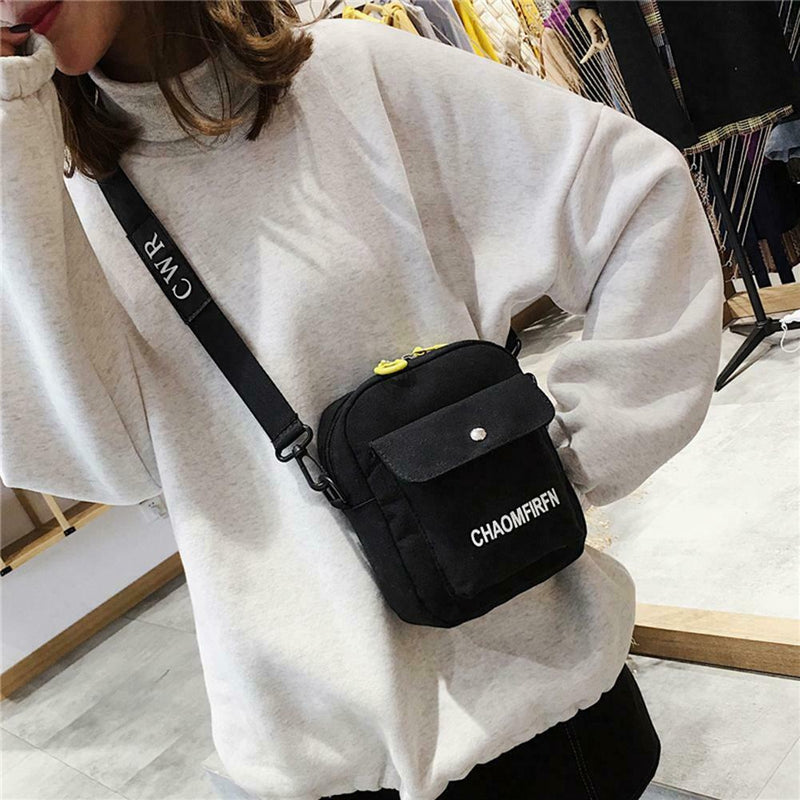 Letter Print Sports Shoulder Handbags Unisex Canvas Crossbody Bags (Black)