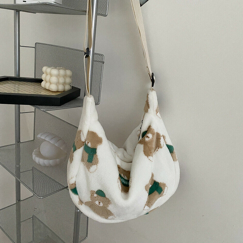 Korean Bear Crossbody Tote Bag Women Plush Casual Shoulder Dumpling Handbag