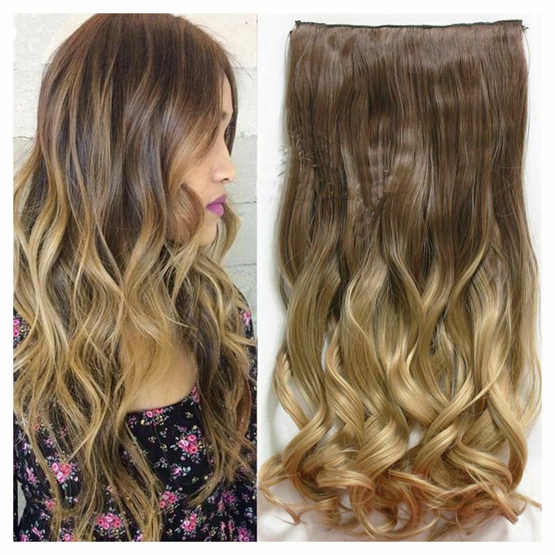 24" Ombre Color Clip in Hair Extensions One Piece Long Wavy Curly Dip Dye S W6T1