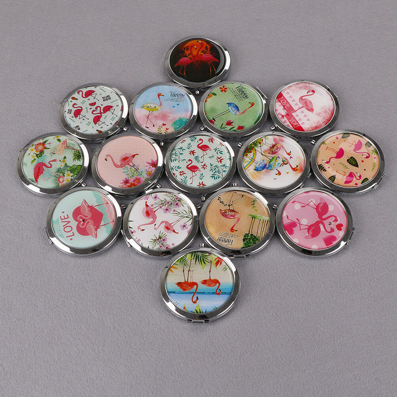 Women makeup compact pocket flamingo mirrors portable double-side folding mirrJR