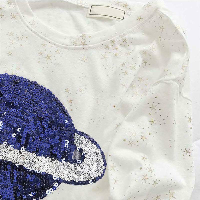 Summer Women Loose T-shirt Star Print Sequin Short-Sleeve Tops (White) (M) A