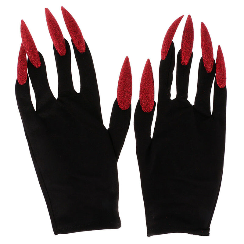 Scary Woman Witch Gloves w/ Long Red Glitter Fingernails Halloween Costume