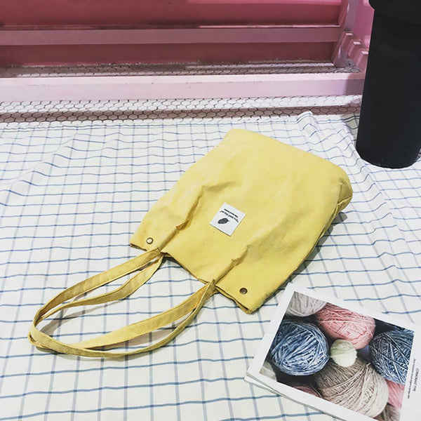 Korean Canvas Handbags Women Corduroy Shoulder Bags Shopping Totes (Yellow)
