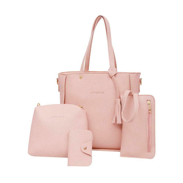 4pcs/set Litchi Leather Tassel Women Tote Shoulder Handbag Card Bags (Pink)
