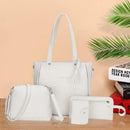 4pcs/Set Lichi Leather Tassels Women Tote Shoulder Clutch Card Bags (Beige)