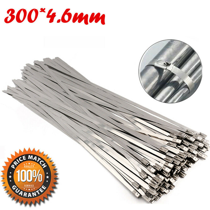 100PCS 300x4.6mm Stainless Steel Exhaust Wrap Coated Locking Cable Zip Ties