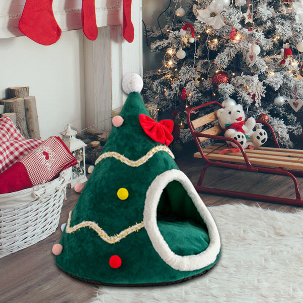 Christmas Tree Shape Dog Cat House Home Warm Sleeping Bed Nest (Green)(M) A#S
