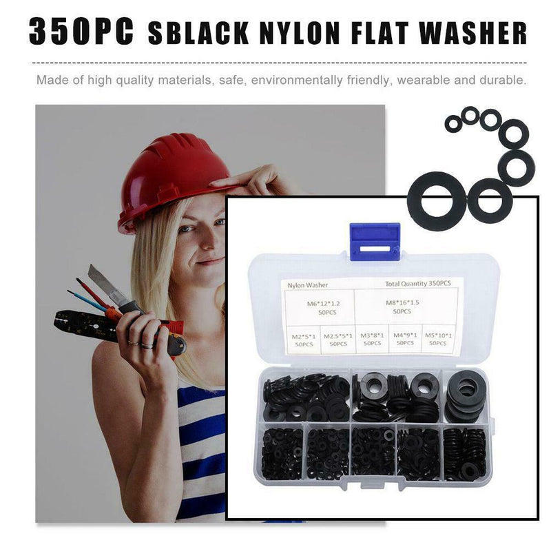 350pcs Black Nylon Flat Washer Assortment Kit Set Car Accessories