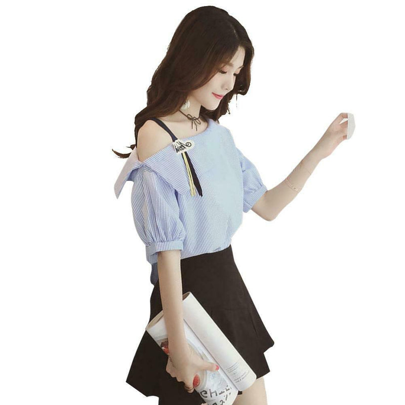 Short Sleeve Hollow Off Shoulder Strapless Stripe Women Tops (Blue XXL)