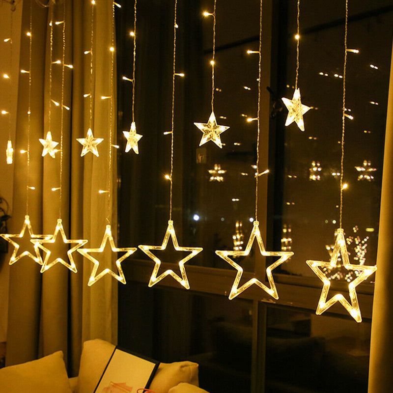 LED Curtain String Light 8Mode Star Moon Plug Night Light  (EU Warm Light)