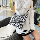 Portable Zebra Canvas Shoulder Tote Women Large Capacity Tote Crossbody Bag