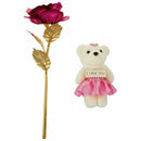 Rose Valentine's Day Gift Golden Rose Flower with Little Bear Fuchsia