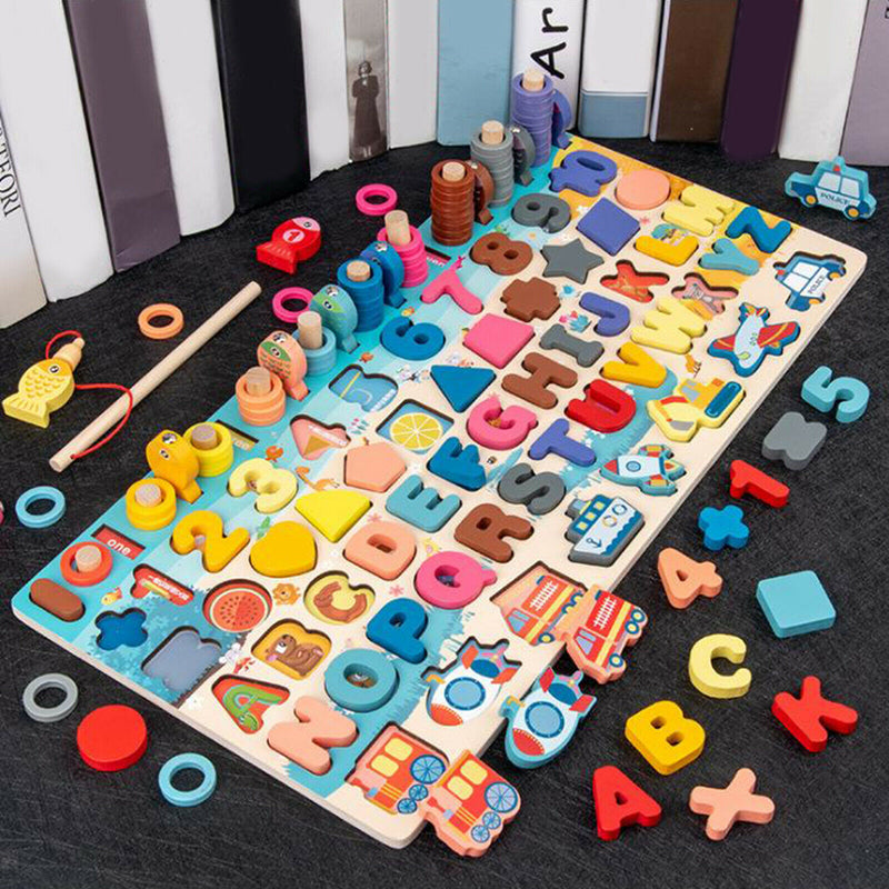 Wooden Puzzles for Toddlers, 7-in-1 Alphabet Shape Number Sorting Fishing Game