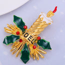 Fashion Retro Christmas Candle Holly Crystal Brooch Pins Holiday Party Gifts