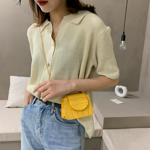 Pure Color Leather Mini Shoulder Bags Women Chain Messenger Bags (Yellow)