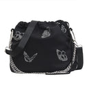 Luminous Butterfly Messenger Bag Women Drawstring Shoulder Handbag (Black)