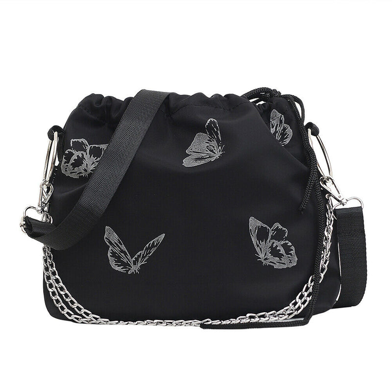 Luminous Butterfly Messenger Bag Women Drawstring Shoulder Handbag (Black)