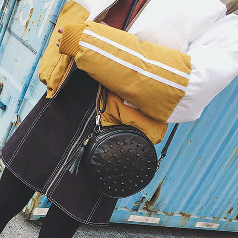 Women Sheepskin Rivet Cute Round Mini Shoulder Bag Crossbody Bag Black