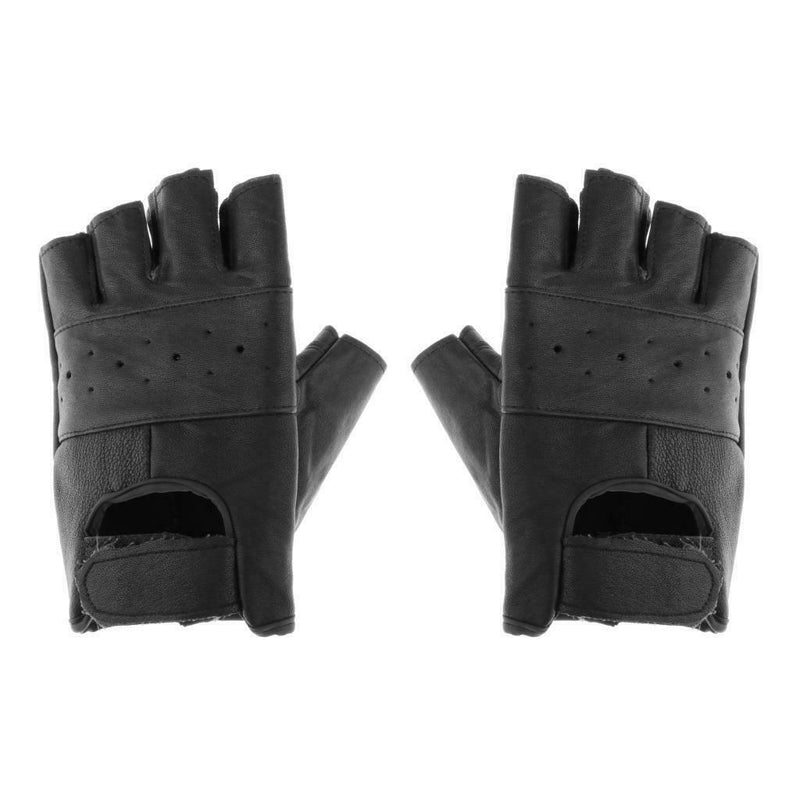 Mens Outdoor Black Soft Leather Driving Motorcycle Biker Fingerless Gloves