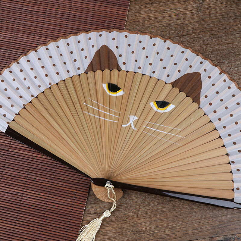 Summer Bamboo Folding Fan Hand Held Cartoon Cat Baking Varnish Fan Pocket Gif Kw