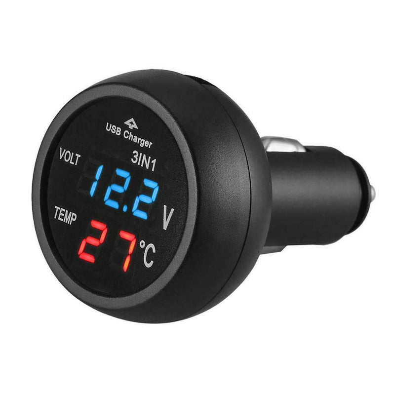 3 in 1 12/24V Car LED Digital Voltmeter Gauge+Thermometer+USB Charger(Blue)