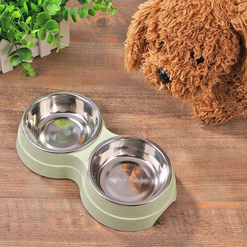 Dog Double Bowl Puppy Food Feeder Stainless Steel Pet Drinking Dish (Green) A