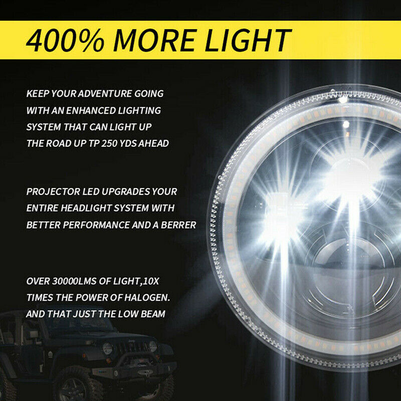 7 Inch Round LED Light Headlights Hi/Lo Beam Angle Eyes For Wrangler JK  N Tw