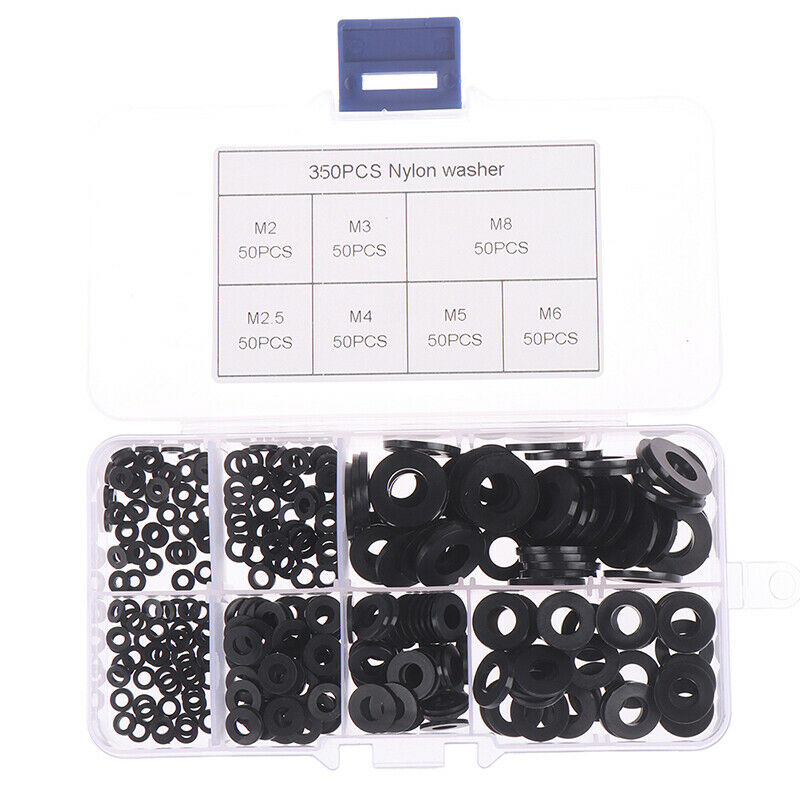 350Pcs M2/M2.5/M3/M4/M5/M6/M8 Black Nylon Flat Washer Assortment Kit SetB Cy
