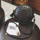 Women Sheepskin Rivet Cute Round Mini Shoulder Bag Crossbody Bag Black